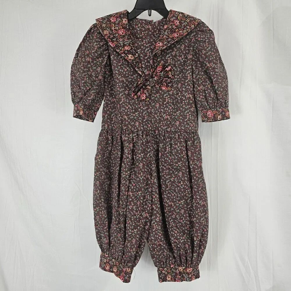Vintage Floral Print Balloon Jumpsuit Collar Bow Fits Toddler Girl Size 3/4